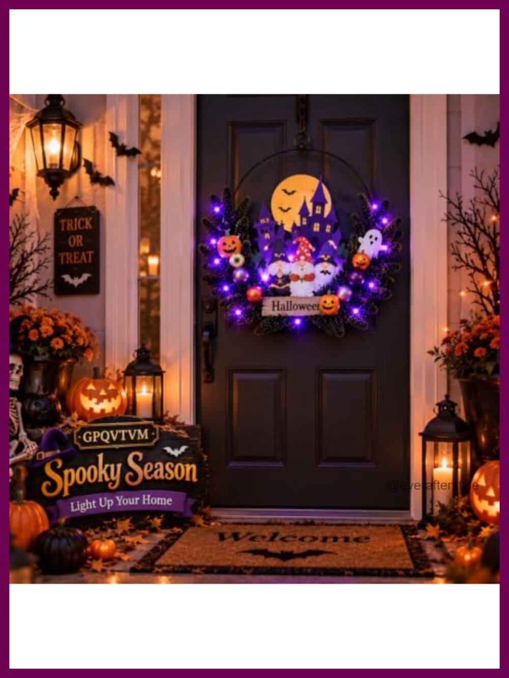 Lighted Halloween Ghost Wreath 6-Hour Timer Pre-Lit Door Decor
